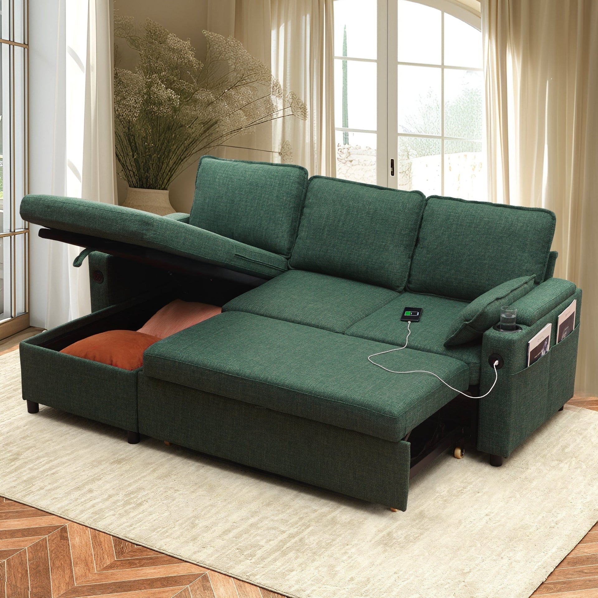 Convertible Sleeper Sofa 3-in-1 Pull Out Sectional Sofa Bed L/U-Shaped Couch with Storage Chaise